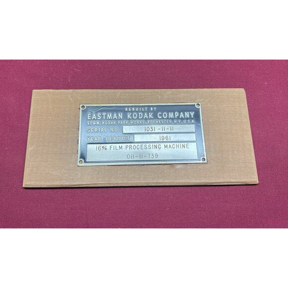 Kodak Name Plate From 16mm Film Processing Machine 011-11-739‎ From 1961 - Picture 1 of 4